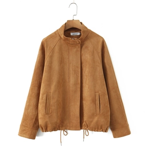 Women Faux Suede Jacket Stand Collar Loose Zip Up Outerwear Casual Long Sleeve With Drawstring Hem