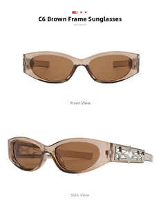 Macro view of Y2K sunglasses with brown frame and hollow silver metal star on the temple