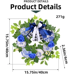 Blue rose wreath with porcelain patterns, measuring 15.75 inches in diameter and 2.36 inches thick