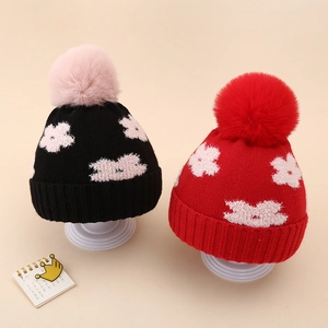 Acrylic Warm Knit Baby Hat With Floral Pattern Pompom Winter Double Layer Thick Crochet Beanie For Newborn Infants 0-12 Months