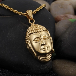 Hip hop style gold-plated stainless steel Buddha head pendant on a twisted rope chain