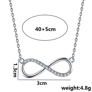 Silver infinity pendant necklace in titanium steel with cubic zirconia and dimensions