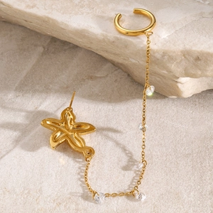 Detail of 18k gold plated stainless steel starfish ear cuff with rhinestones and long chain