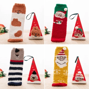 Winter cartoon Christmas coral fleece socks set in festive pyramid gift boxes