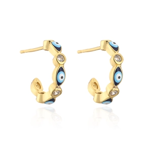 18K gold plated C-shaped evil eye hoop earrings with blue enamel and zircon stones