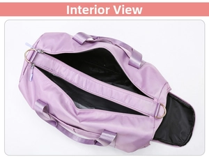 Detailed interior view showing dry-wet separation layer in large purple travel bag