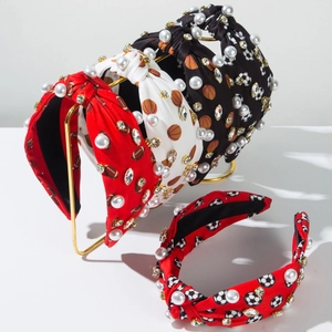 Serre-tête Noué Style Sport Avec Imprimé Satin Football Basket Künstliche Perle d'imitation Strass Large Bandeau Cheveux Accessoire Mode Femme