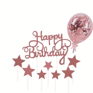 Rose gold Happy Birthday cake topper set with glitter stars and confetti balloon detail