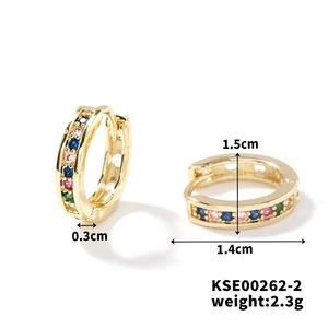 Dettaglio di orecchini dorati con zirconi colorati, diametro 1,5 cm e larghezza 0,3 cm