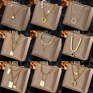 Layered Heart Pendant Necklace Stainless Steel Gold Plated Multi Strand Asymmetric Chain Faux Artificial Pearl Jewelry For Women