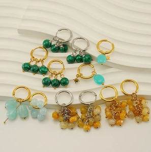 Detailed collection of 18k gold plated hoop earrings with natural malachite and stones
