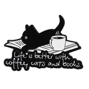 Black cat enamel brooch with coffee and books featuring text Life is better with coffee