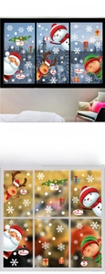 Detailed view of Christmas window stickers featuring Santa, snowman, and reindeer patterns