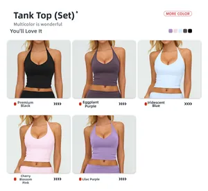 Collage of women's halter neck yoga sets in five vibrant colors with a slim fit design