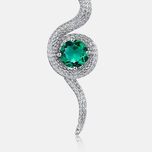 Silver snake-shaped earrings with sparkling emerald green gemstone and detailed scale texture