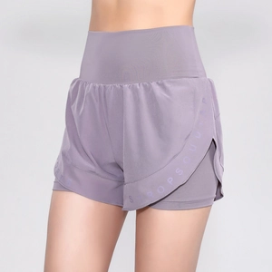 Women's high waist quick-dry sports shorts in purple with double-layer anti-exposure design