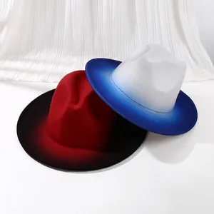 Vintage British Style Gradient Wool Felt Fedora Hat For Women Wide Flat Brim Jazz Hat Sunshade Performance Party Hat
