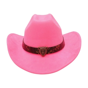 Cappello da cowboy in camoscio rosa acceso con testa di leopardo in metallo