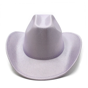 Detail of lavender glitter cowboy hat with shimmering finish and stitched brim for party wear
