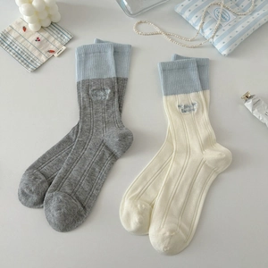 Chic women's cotton crew socks with bow and letter embroidery in blue and cream colors