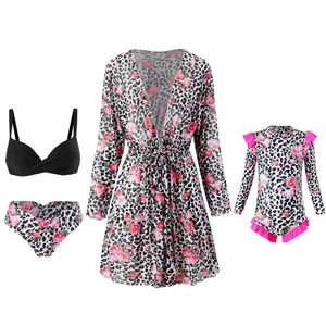 Matching mother-daughter swimwear set with leopard floral print and ruffle details