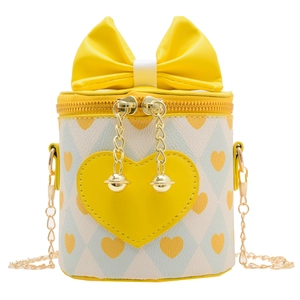 Cute yellow heart-patterned PU leather bucket bag for girls with a large 3D bow and chain strap