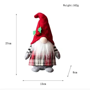 Handmade Christmas gnome plush with red leaf hat and plaid outfit, height 27cm size guide