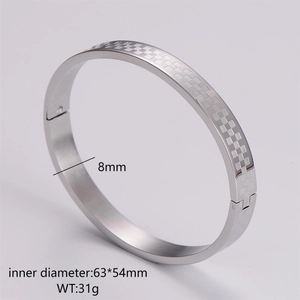 Detail shot of 8mm silver stainless steel checkerboard bangle with size and weight specs