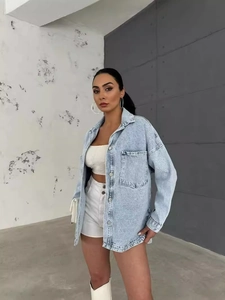 Oversized light blue washed denim jacket for women featuring retro BF style and single-breasted design