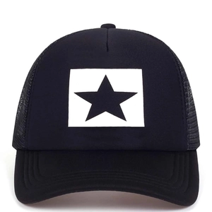 Classic black and white trucker hat with star patch and breathable mesh back