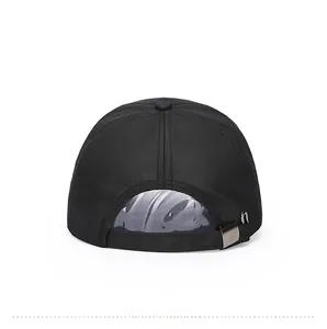 Rear view of black mesh baseball cap showing adjustable fabric strap and metal buckle