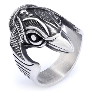 Vintage stainless steel raven head ring with Nordic 3D embossed gothic feather details