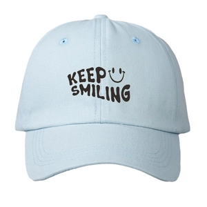 Light blue cotton baseball cap with black Keep Smiling text and smiley face print