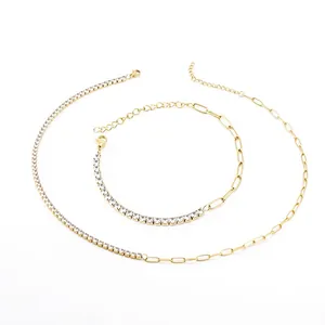 Modische Edelstahl Halskette Armband Zirkonia Tennis Kette Büroklammer Glied 18K Vergoldeter Schmuck Für Damen