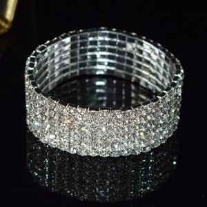 Macro shot of 5-row crystal bridal stretch bracelet with silver plating and white rhinestones