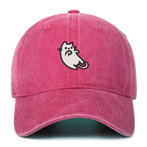 Close-up of pink washed cotton baseball cap with white cartoon cat embroidery detail
