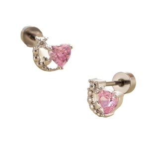 Silberne Halbmond-Ohrstecker mit rosa Herz-Zirkon und praktischem Schraubverschluss