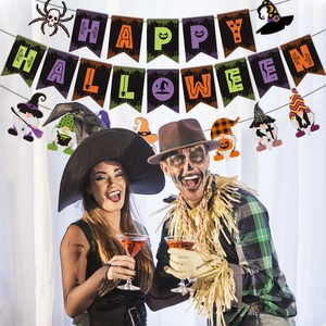 Happy Halloween banner kit with gnome and spider pendants for party decoration scene