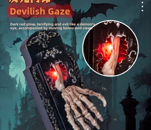 Detail of Halloween glowing doorbell with moving skeletal hand and red LED devil eye effect