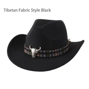 Detailed view of black cowboy hat featuring ethnic woven band and silver bull skull ornament