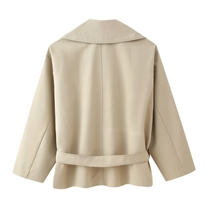 Women's khaki short trench jacket with belt and back vent details on a white background