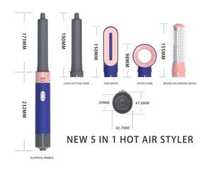 Detailed size chart for 5-in-1 hot air styler with handle and brush dimensions
