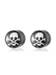 Detailed close-up of cylindrical black stud earrings featuring white skull and crossbones