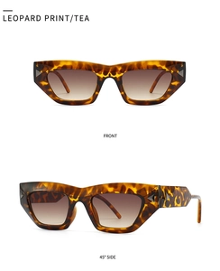 Detail view of leopard print cat eye sunglasses with tea lenses from multiple angles