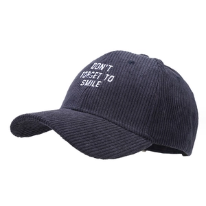 Navy blue corduroy baseball cap with Don't Forget to Smile embroidery for men and women