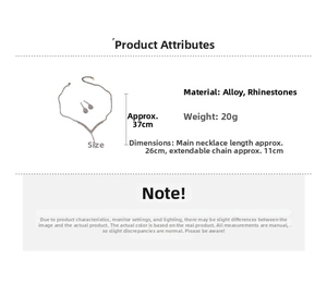 Detailed size specifications for rhinestone water drop V-shaped necklace and earring set