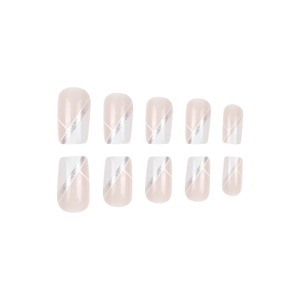 French style nude pink almond press-on nails with silver glitter and white geometric lines