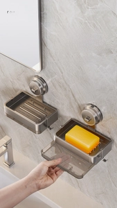 Detail of space aluminum soap dish with removable drip tray and side hook hanger