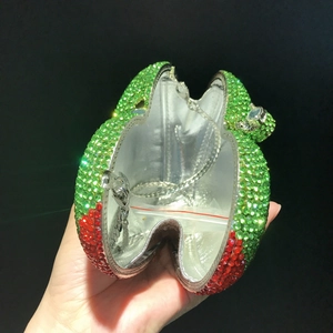 Apple shaped rhinestone clutch with red and green crystals and silver chain strap