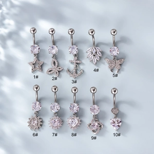 Stainless Steel Bar And Copper Inlaid Zircon Belly Rings For Women Trendy Butterfly Heart Flower Body Piercing Jewelry